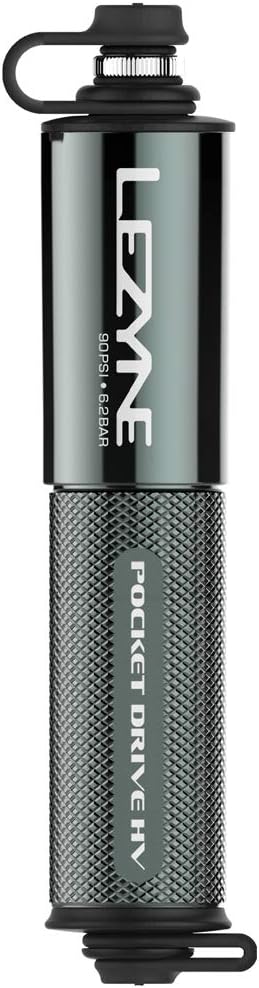 LEZYNE Pocket Drive HV Mini Bicycle Hand Pump, High Volume 90psi, Presta & Scrhader Compatible, CNC Aluminum, Compact, Plus-Size Tires, Portable Bike Pump, 	Grey