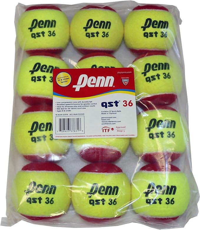 Penn QST 36 Tennis Balls, Youth Felt Red Tennis Balls for Beginners, 12 Ball Polybag