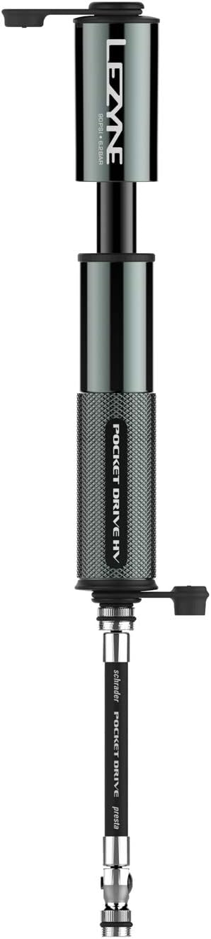 LEZYNE Pocket Drive HV Mini Bicycle Hand Pump, High Volume 90psi, Presta & Scrhader Compatible, CNC Aluminum, Compact, Plus-Size Tires, Portable Bike Pump, 	Grey