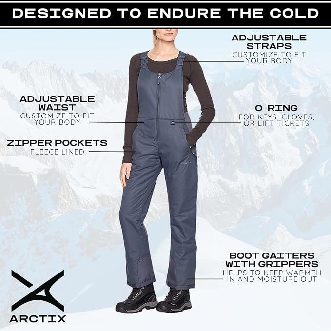Arctix Women's Essential Insulated Ski Bibs, Water Resistant Snow Pants for Skiing & Snowboarding