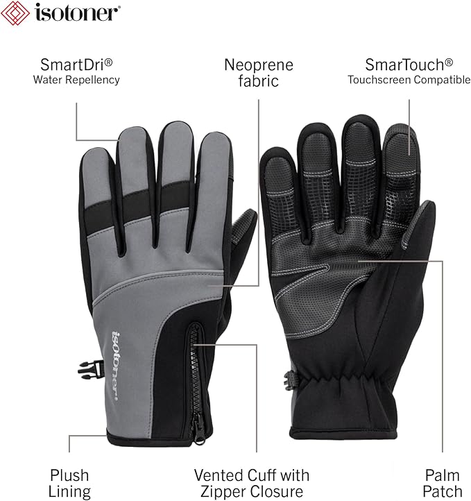 Isotoner mens Water Repellent Lined Neoprene Grip Touchscreen Gloves With Zipper, Color Mineral