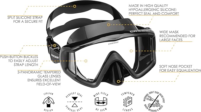 Cressi Perfect View Scuba Diving, Snorkeling Mask in Pure Comfortable Silicone, Available with Different Panoramic Lenses
