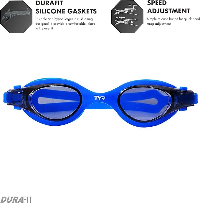 TYR Vesi Adult Swim Goggles, Low Profile Training Goggles for Men & Women, Anti Fog, UV Protection, with Quick Adjust Strap, Color Smoke and Blue