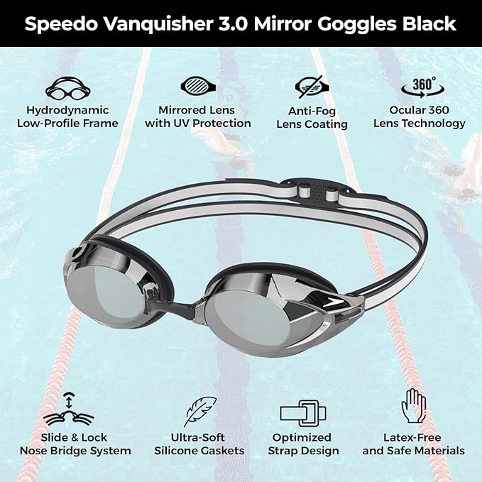 Speedo Vanquisher 3.0 Mirror Swim Goggles, Anti-Fog, UV Protection, Ocular 360 Lens, Hydrodynamic Racing Fit