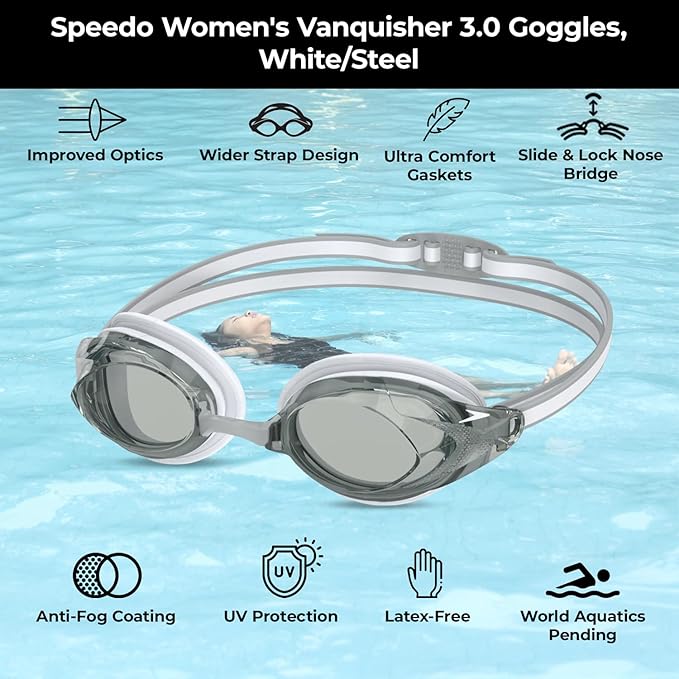 Speedo Women’s Vanquisher 3.0 Swim Goggles, Comfortable Fit, Anti-Fog, UV Protection, Latex Free Swimming Goggles for Women