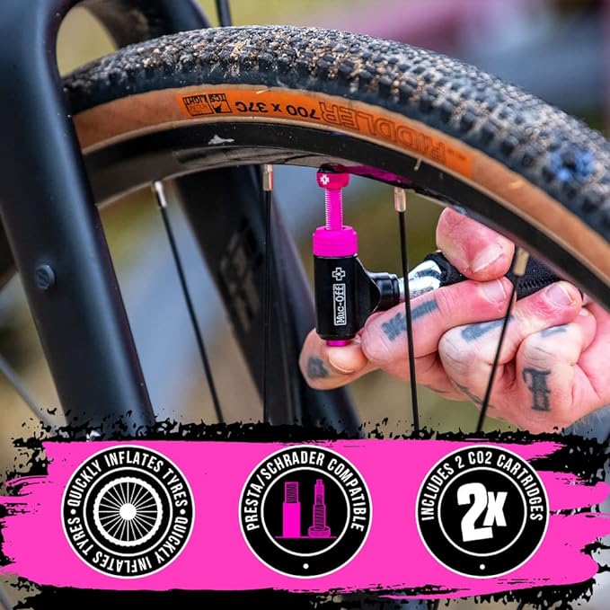 Muc-Off CO2 Inflator Kit, Road - Presta and Shrader Compatible CO2 Bike Pump - Bike Tyre Inflator with CO2 Cartridges for Road Bikes