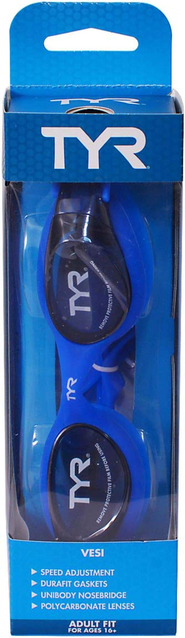 TYR Vesi Adult Swim Goggles, Low Profile Training Goggles for Men & Women, Anti Fog, UV Protection, with Quick Adjust Strap, Color Smoke and Blue