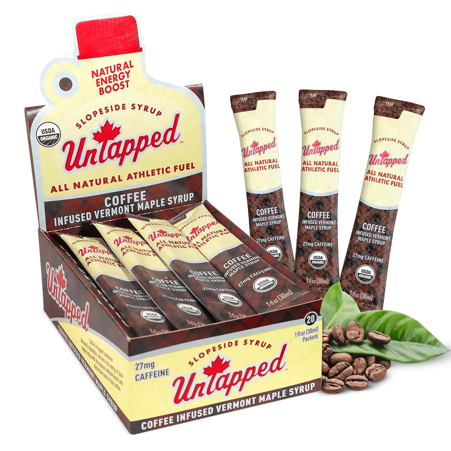 UnTapped Coffee Infused Vermont Maple Syrup Packets for Athletes, Box of 20-1 fl oz, Pure Maple Syrup with Organic Coffee for Natural Endurance Energy, Fuel to Keep You Running Longer