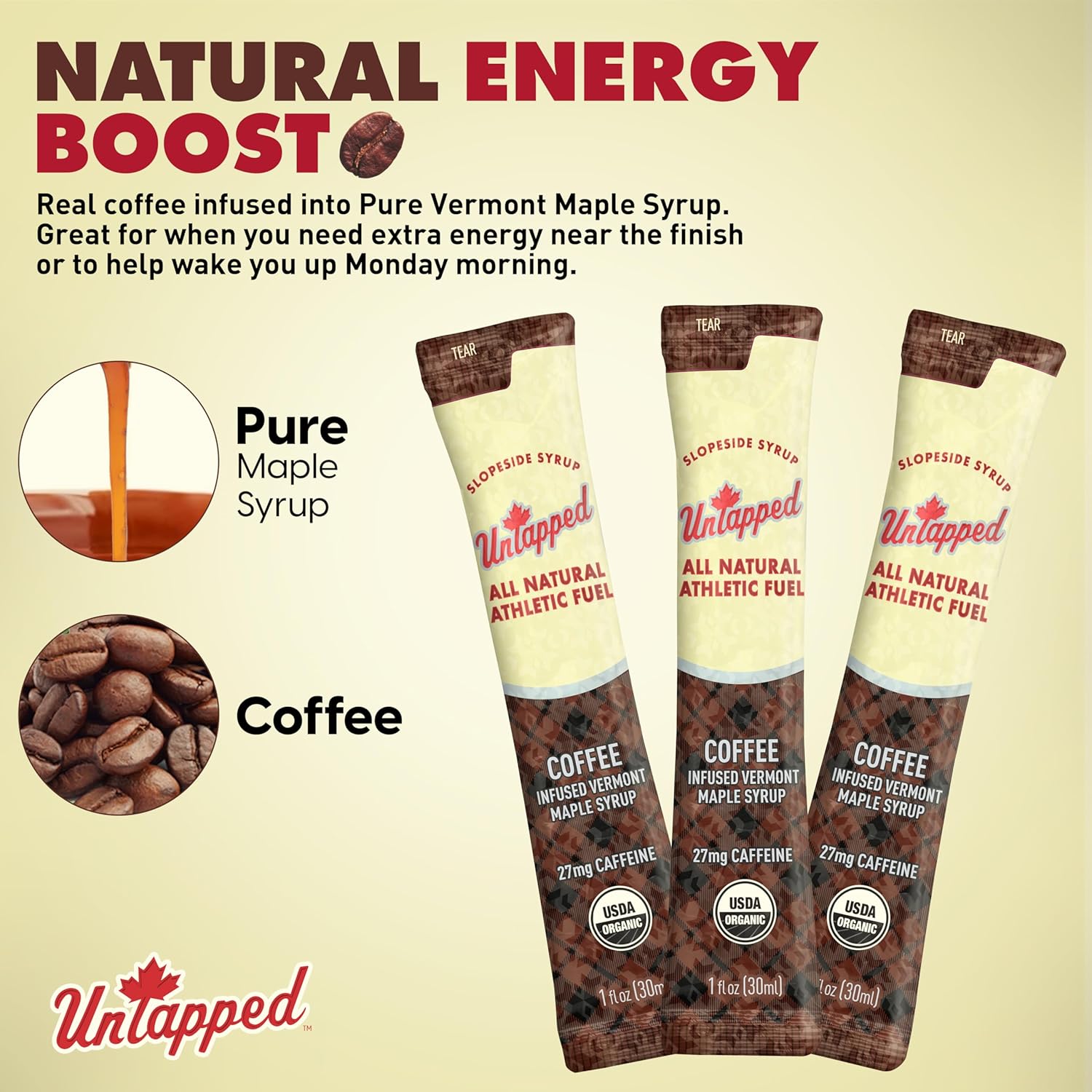 UnTapped Coffee Infused Vermont Maple Syrup Packets for Athletes, Box of 20-1 fl oz, Pure Maple Syrup with Organic Coffee for Natural Endurance Energy, Fuel to Keep You Running Longer