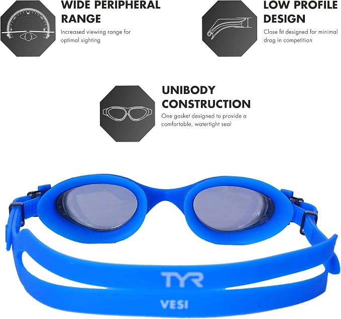TYR Vesi Adult Swim Goggles, Low Profile Training Goggles for Men & Women, Anti Fog, UV Protection, with Quick Adjust Strap, Color Smoke and Blue