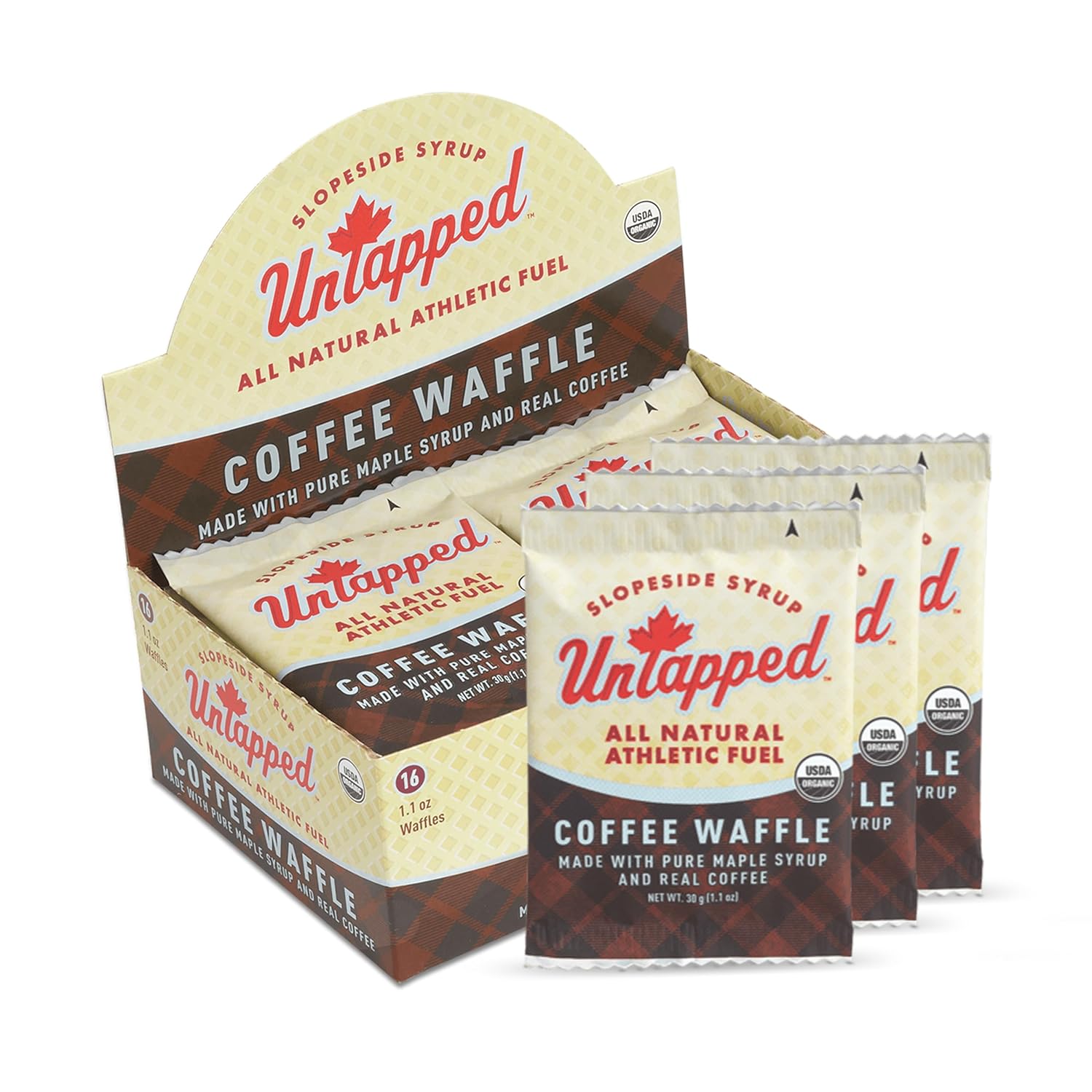 UnTapped Organic Cocoa Waffles 1.1 oz Each, Box of 16, Endurance Sports Snacks Sweetened with Real Maple Syrup, and Rich Organic Cocoa, Vegan & Real Food Waffles, Ideal for Athletic Performance