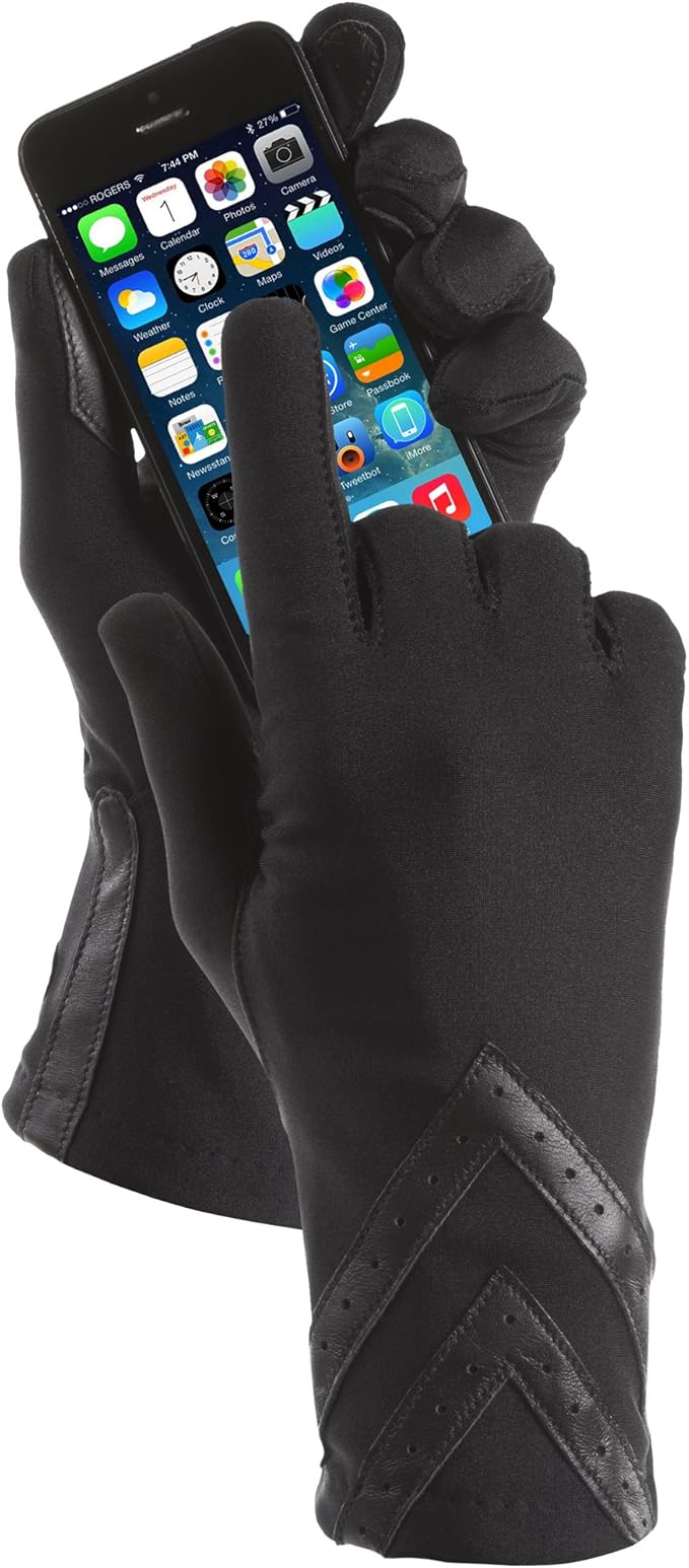 Isotoner womens Spandex Touchscreen Cold Weather With Warm Fleece Lining and Chevron Details Winter Gloves