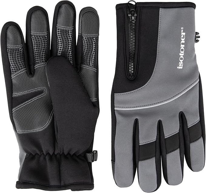 Isotoner mens Water Repellent Lined Neoprene Grip Touchscreen Gloves With Zipper, Color Mineral