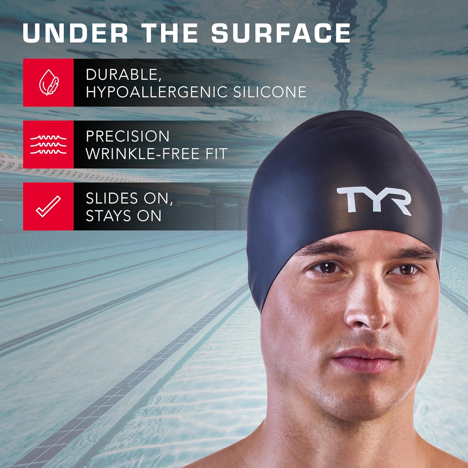 TYR Adult Wrinkle Free Silicone Swim Cap for Drag Reduction and Hair Protection