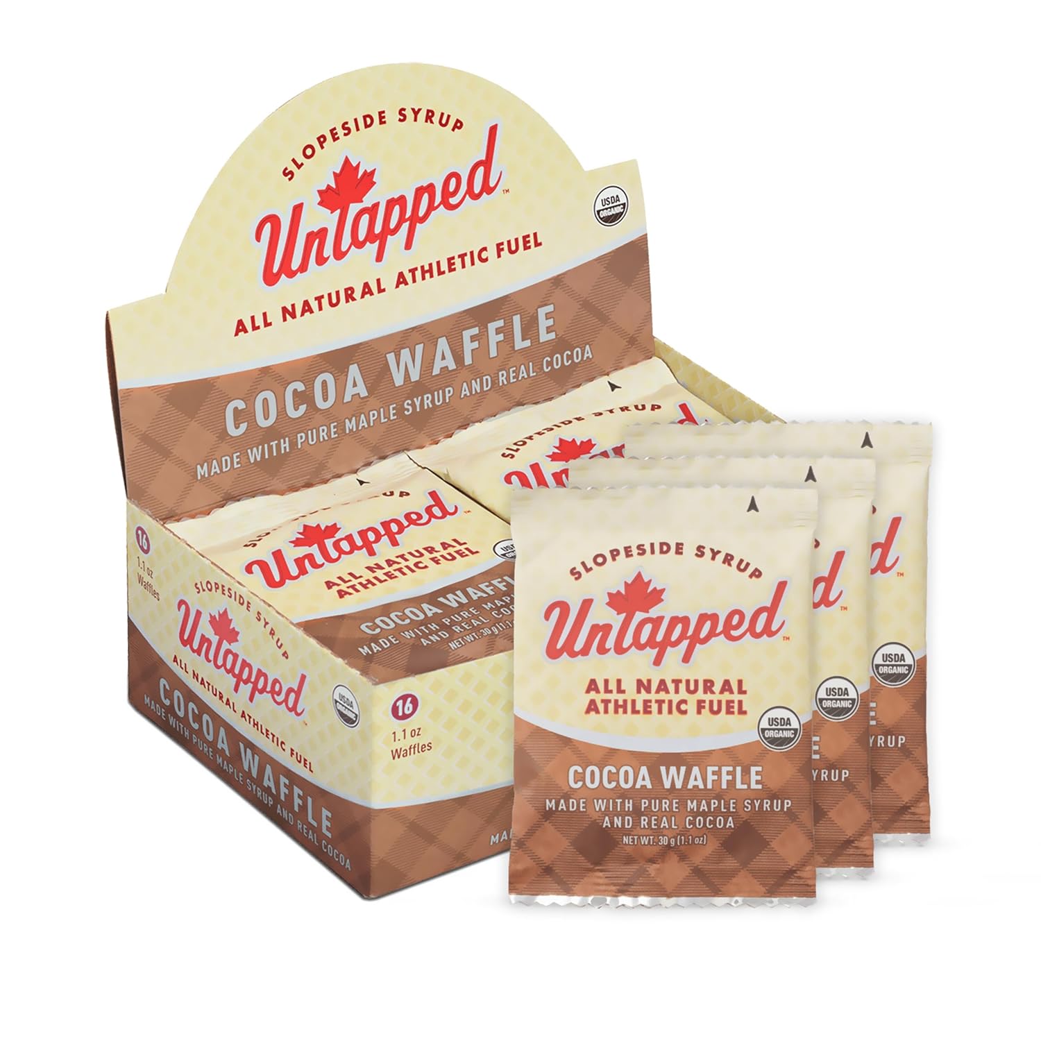 UnTapped Organic Cocoa Waffles 1.1 oz Each, Box of 16, Endurance Sports Snacks Sweetened with Real Maple Syrup, and Rich Organic Cocoa, Vegan & Real Food Waffles, Ideal for Athletic Performance