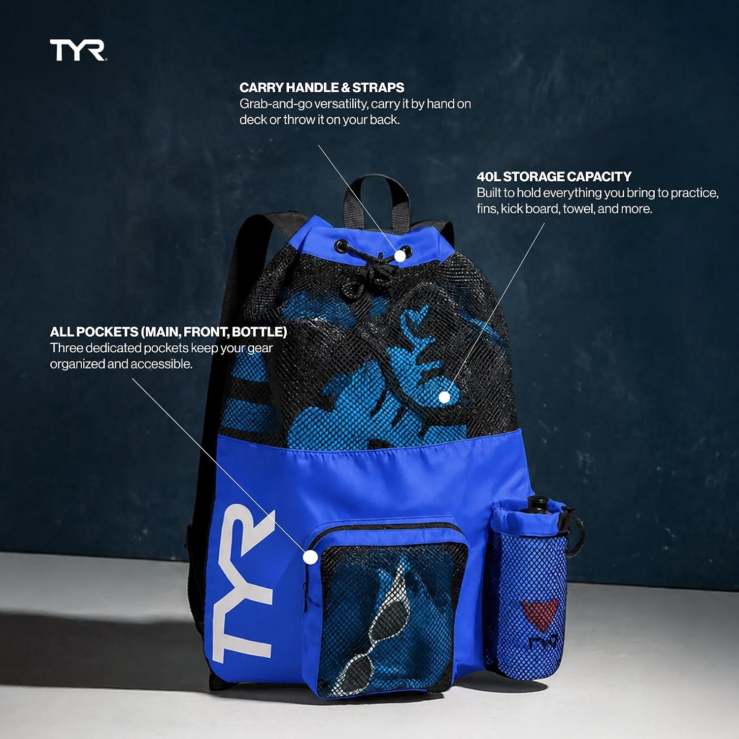 TYR Big Mesh Mummy Backpack for Wet Swimming, Gym, and Workout Gear