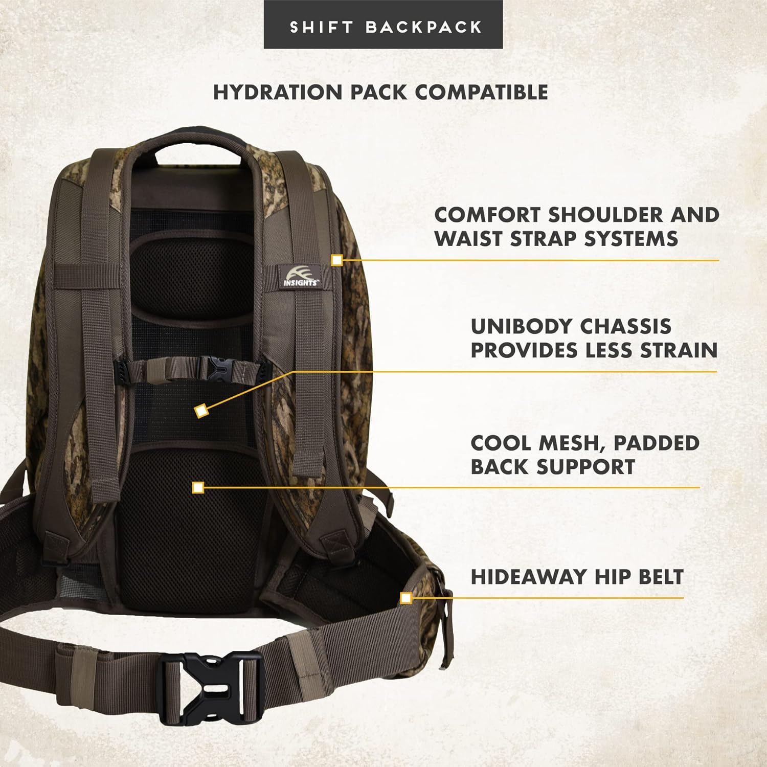 Insights Hunting by frogg toggs, The Shift, Heavy Duty Rifle Carrier Hunting Backpack, Color Mossy Oak Bottomland